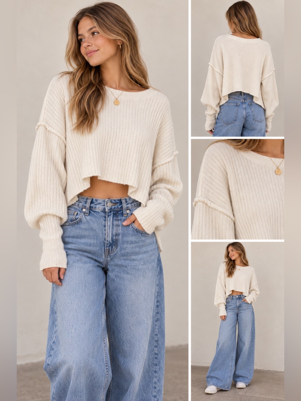Altar’d State Ribbed Cropped Pullover Sweater Ivory Cream Size Medium